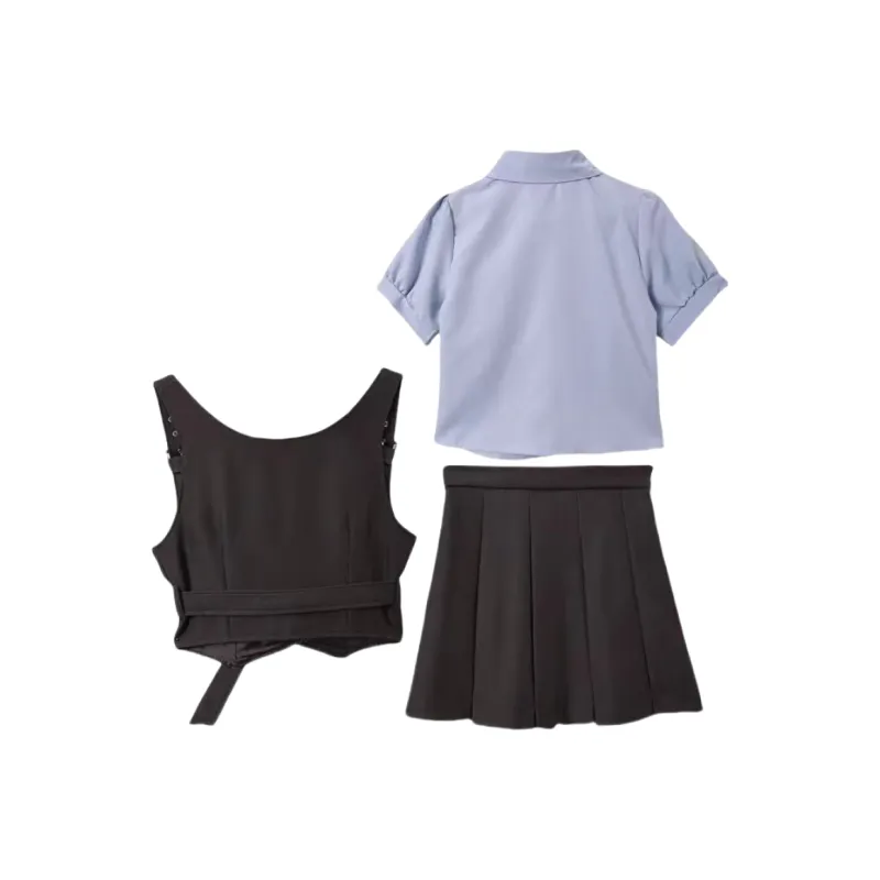Cotton Gene Uniforms Women's 310 Blue Shirt With Bow Tie+Vest+Skirt+Shopping Bag-1