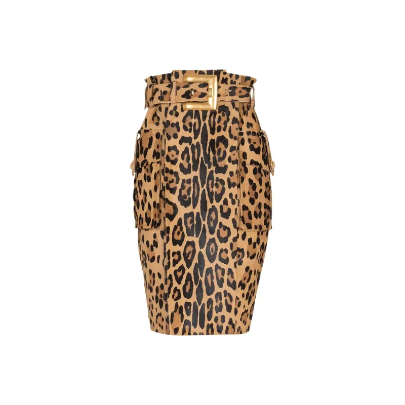 BALMAIN Leather Long Skirt Women's Brown-0