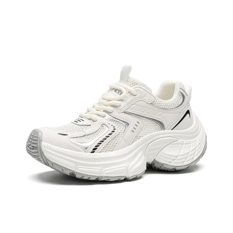 EXULL Q Slip Resistant, Breathable, Lightweight, Height Increasing Low Top Chunky Sneakers Women's Beige-1