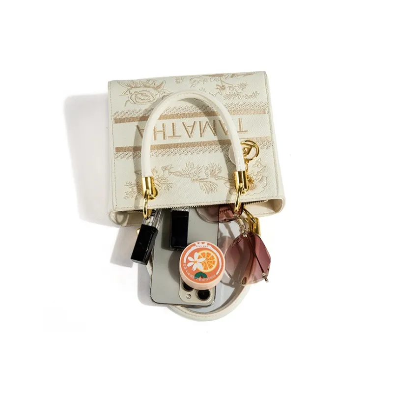 TAMATHA Polyurethane Synthetic Leather Lady Dior Bag Handbag Women's Embroidery In White-4