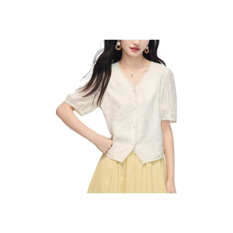 SLLSKY Shirts Women's V Neck Shirt, Moon White 15 Day Pre Sale-0