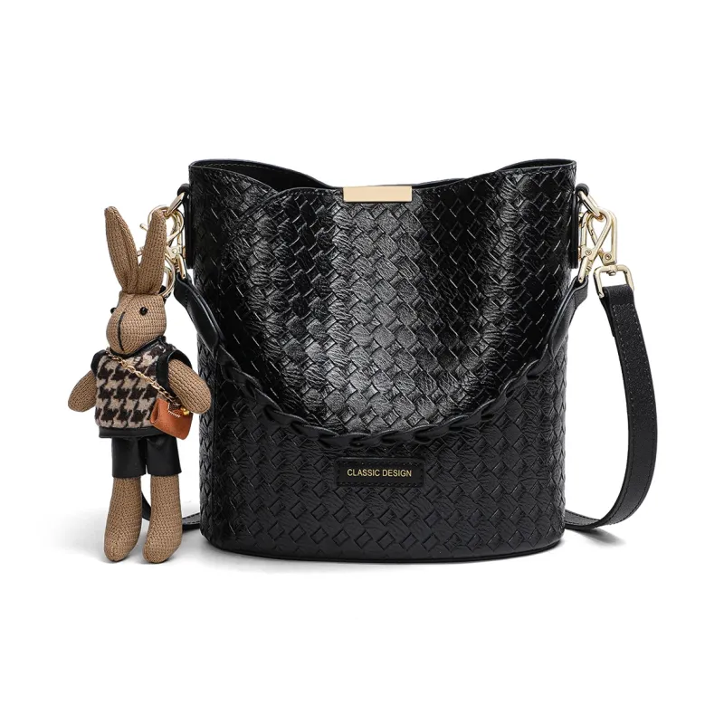 PT'SON Cow Leather Bucket Bag, Shoulder Bag, Crossbody Bag, Handbag Regular Women's Black-3