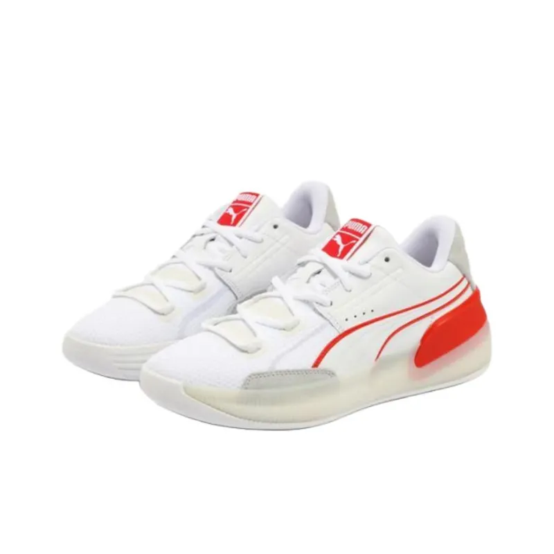PUMA Clyde Hardwood Anti Slip Wear Resistant Low Top Basketball Shoes Unisex White Red-2