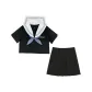 White Collar Blue Three-Button Short-Sleeved Top+Goldfish Knot+Black Midi Dress 42