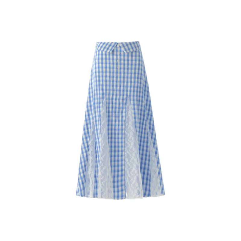 ZXZA Casual Long Skirts Women's Blue Plaid-0