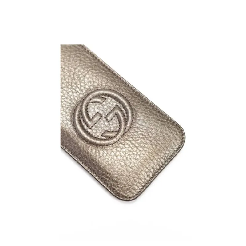 GUCCI Leather Card Holder Unisex Gray Gold-2