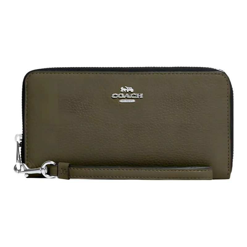 COACH Zip Around Pebbled Leather Wrist Bag Card Holder Wallet Women's Olive Brown-0
