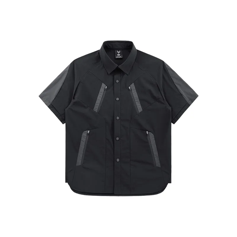 VIP Deconstructed Designed Color Block Patchwork Zippers Multi Pocket Short Sleeved Shirt Unisex-0