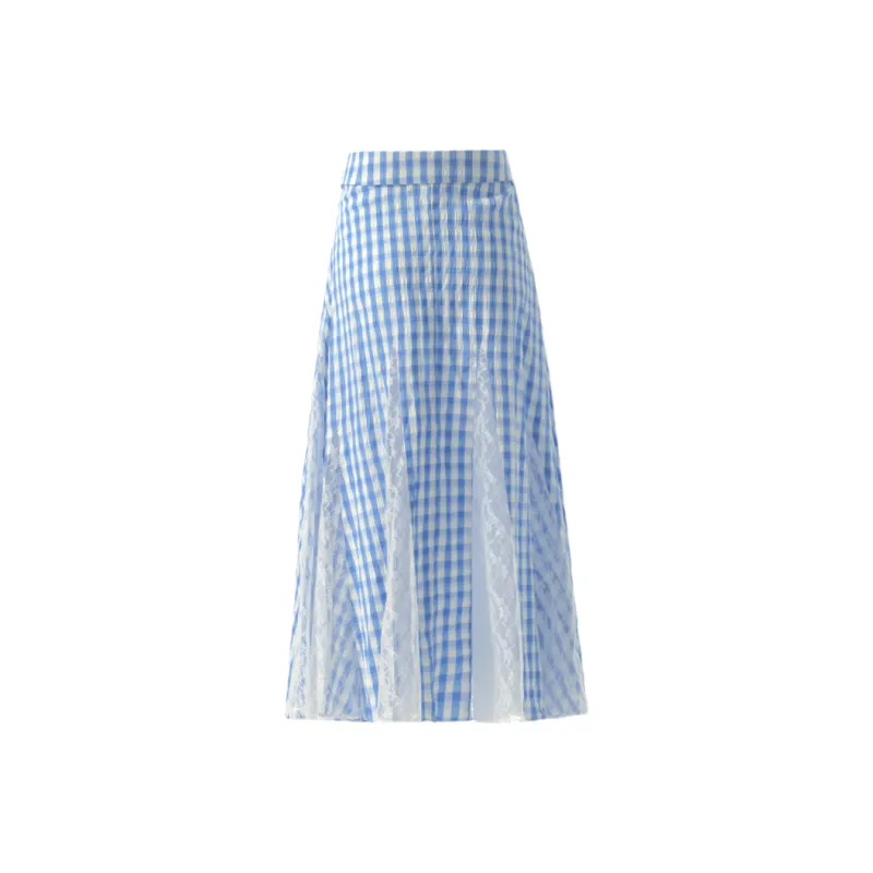 ZXZA Casual Long Skirts Women's Blue Plaid-1