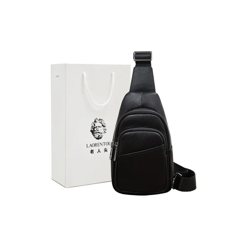 Old Man's Head Top Grain Cow Leather Sling Bag Men's Black-0