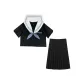 White Collar Blue Three-Button Short-Sleeved Top+Goldfish Knot+Black Long Skirt 65