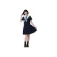White Collar with Blue Three-Button Short-Sleeved Top+Goldfish Knot+Black Short Skirt