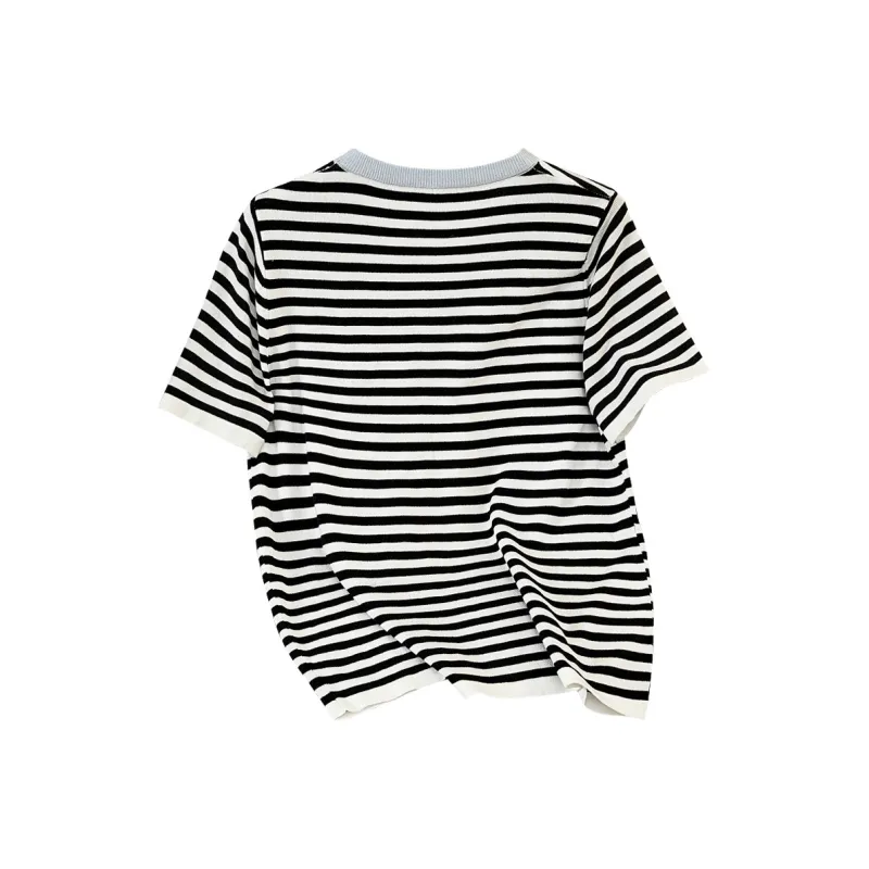 TOUCH T Shirts Women's Blue Collar Black White Stripes-1
