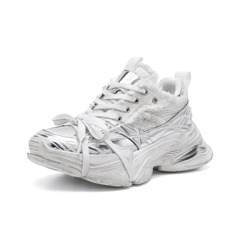 LINGMO Slip Resistant, Abrasion Resistant, Breathable, Height Increasing Low Top Chunky Sneakers Unisex White-2