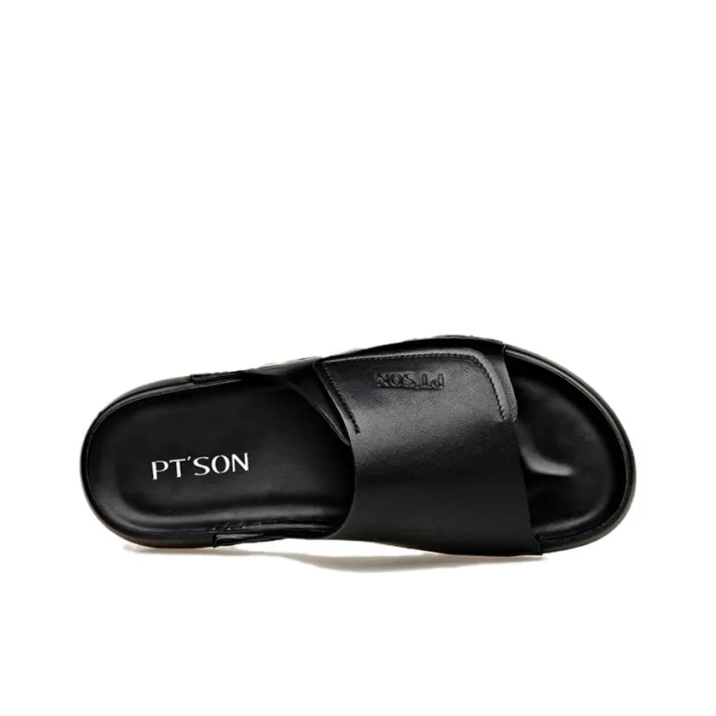 PT'SON PU Polyurethane Cut Out Slip Resistant Slide Slippers Men's Black-2