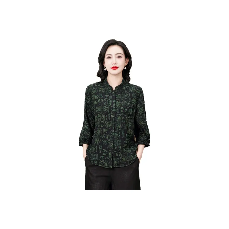 Yi Mengyuan Shirts Women's Black Green Floral-0