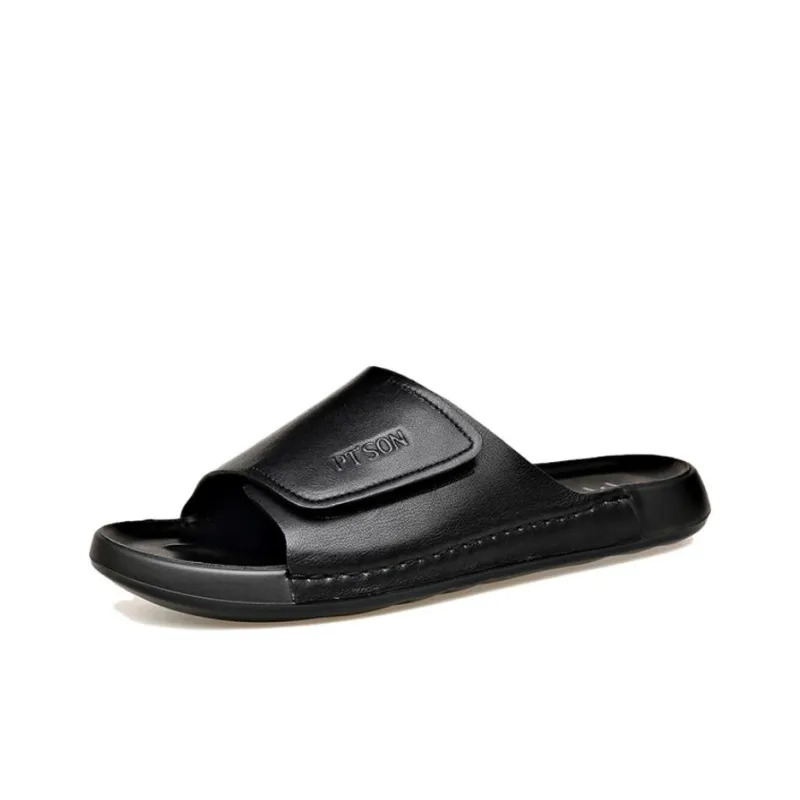PT'SON PU Polyurethane Cut Out Slip Resistant Slide Slippers Men's Black-1