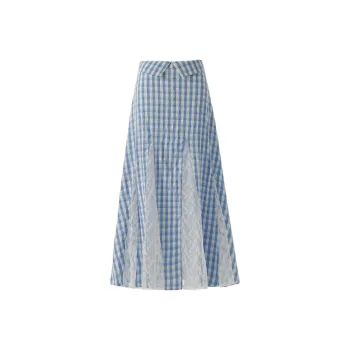 Rose Casual Long Skirts Women's Blue Plaid Skirt
