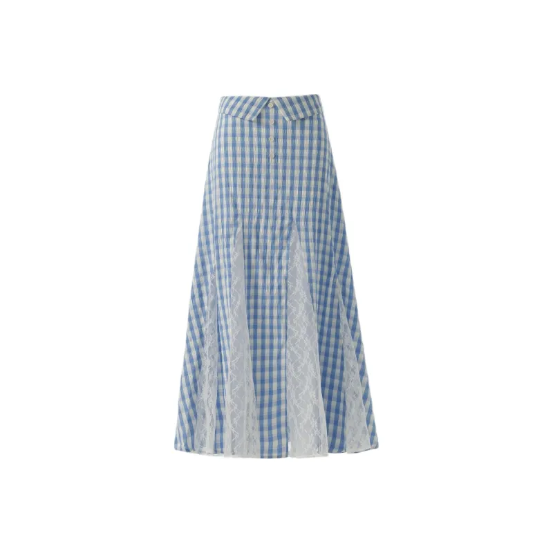 Rose Casual Long Skirts Women's Blue Plaid Skirt-0