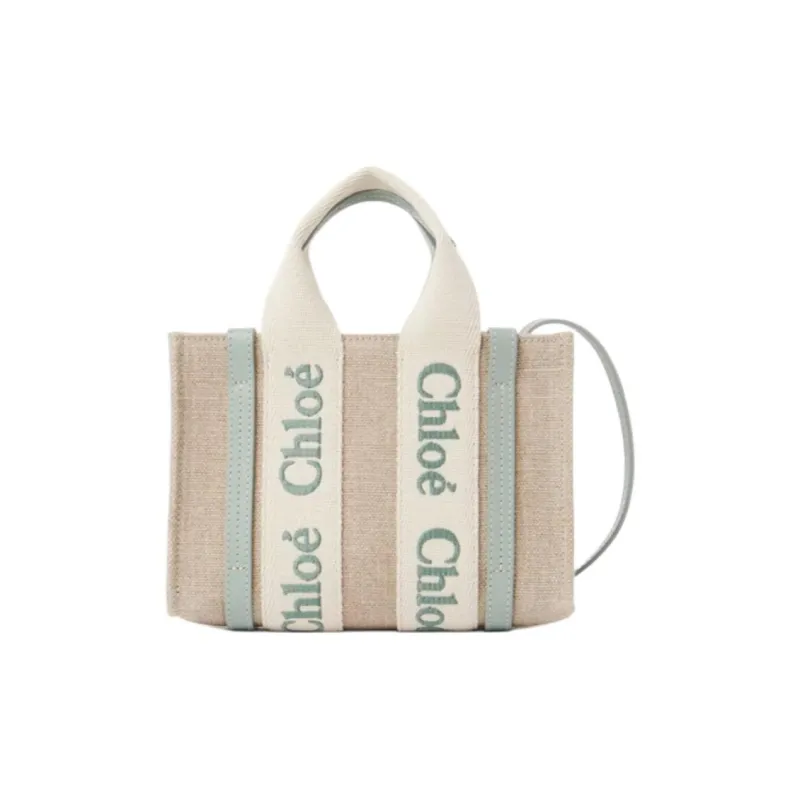 Chloe Woody Linen Tote Bag, Shopping Bag, Handbag Mini Women's Blue Green-1