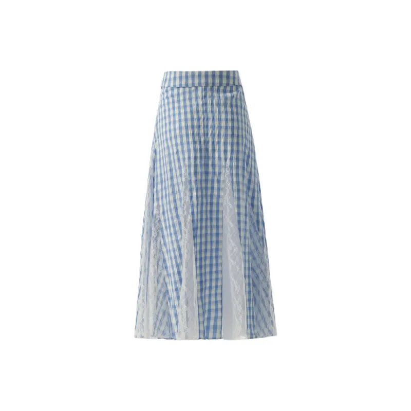Rose Casual Long Skirts Women's Blue Plaid Skirt-1