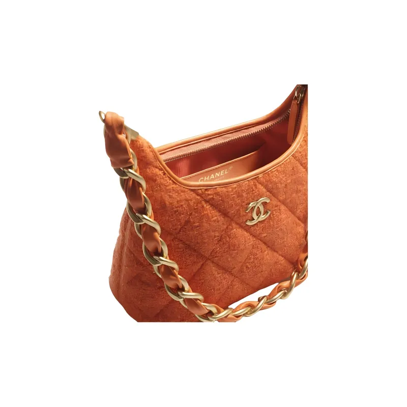 CHANEL Wool Twill Soft Woolen Tweed Hobo Bag, Shoulder Bag, Crossbody Bag Trumpets Women's Orange-2