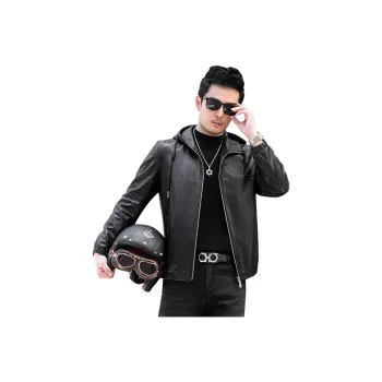 JIMU Haining Genuine Leather Jacket Men's Hooded Goatskin Jacket Slim Fit Cropped Motorcycle Jacket Trendy Coat Men's