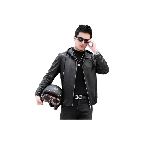 JIMU Haining Genuine Leather Jacket Men's Hooded Goatskin Jacket Slim Fit Cropped Motorcycle Jacket Trendy Coat Men's