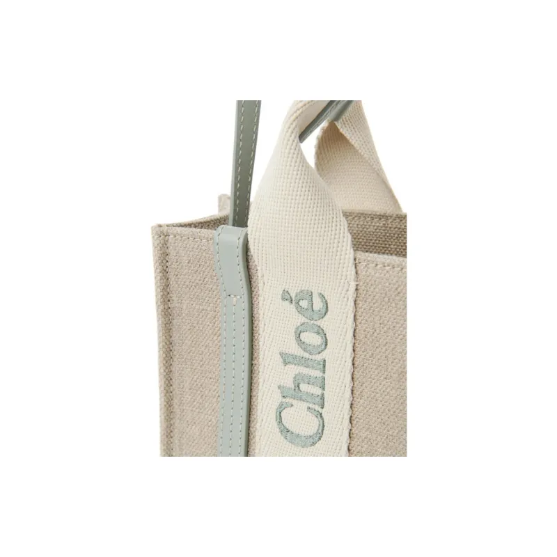 Chloe Woody Linen Tote Bag, Shopping Bag, Handbag Mini Women's Blue Green-4