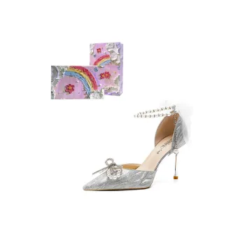 Crelinkxlat Pointed Toe Bowknot Crystal Shoes Slim Heel Box High Heels Women's Silver