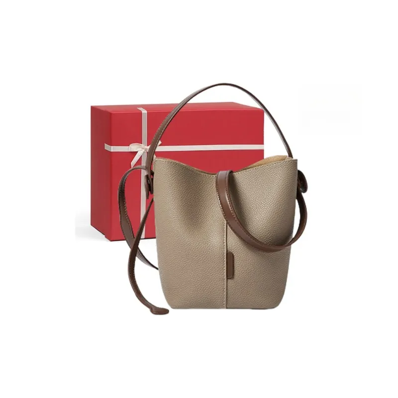 CNNCOO Cow Leather Bucket Bag, One Shoulder Handbag Women's Salt Khaki/Trench Gray-6
