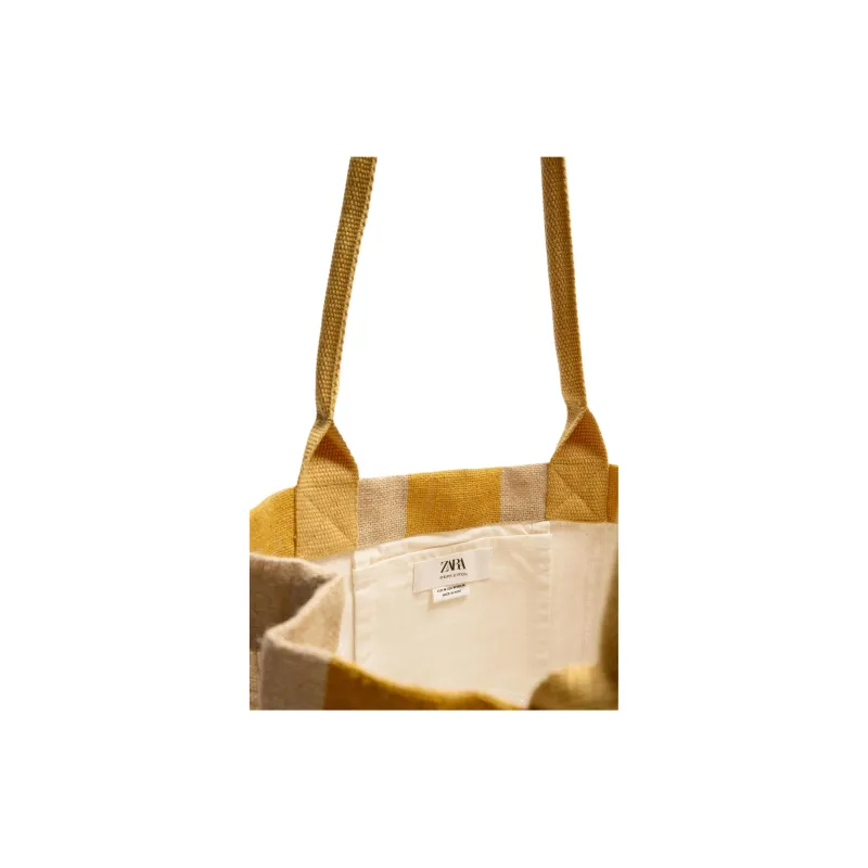 ZARA Jute Tote Bag, Shopping Bag, Shoulder Bag Unisex Yellow & Beige-3