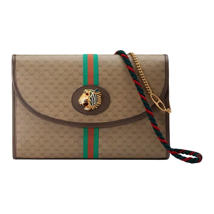 GUCCI Rajah Canvas With Leather Chain Shoulder Bag Crossbody Bag Handbag Women's Brown-0