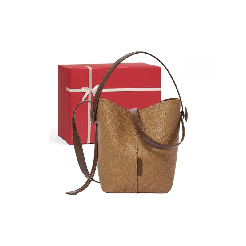 CNNCOO Cow Leather Bucket Bag, One Shoulder Handbag Women's Salt Khaki/Trench Gray-0