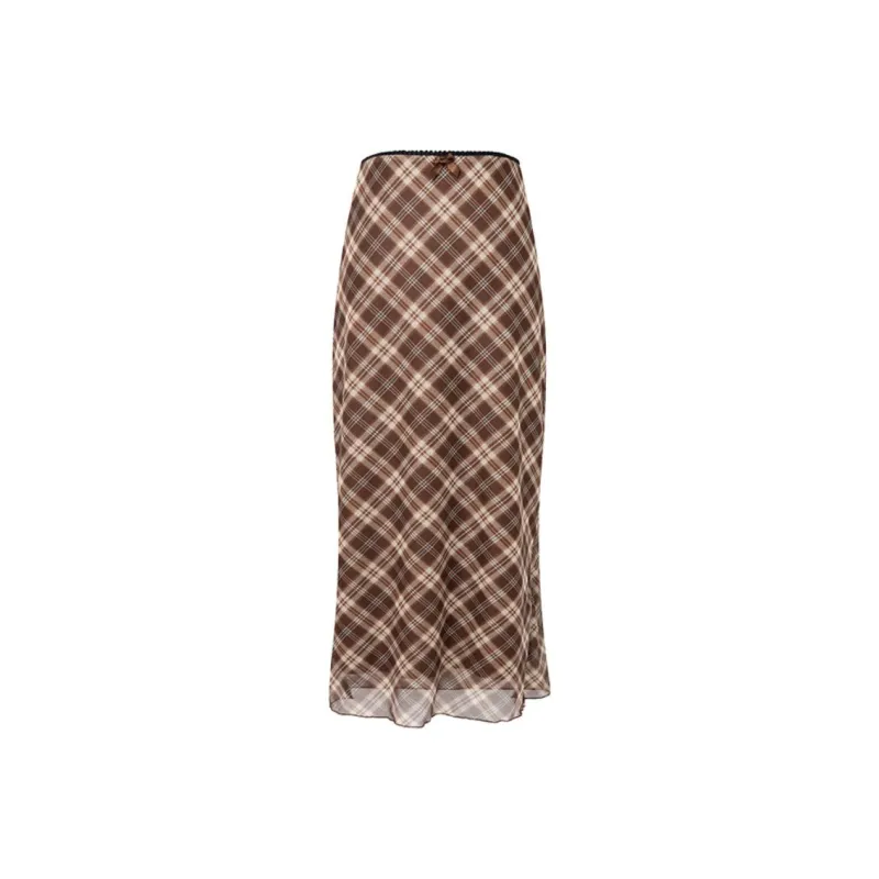 UENA Casual Long Skirts Women's Beige Coffee Plaid Pattern in Stock-0