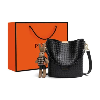 PT'SON Cow Leather Bucket Bag, Shoulder Bag, Crossbody Bag, Handbag Regular Women's Black