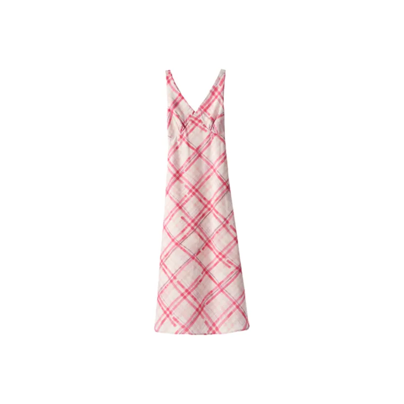 ZXZA Sleeveless Dresses Women's Red White Plaid-0