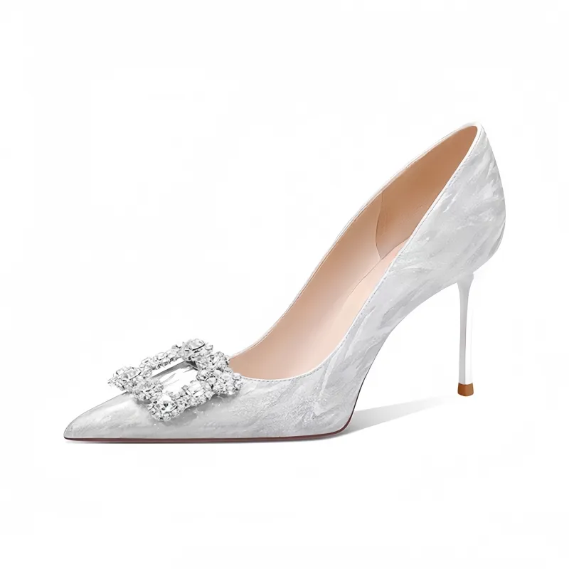 Crelinkxlat Fashion Elegance Pointed Toe, Timeless Crystal Square Diamond Slim Heel High Heels Women's-8