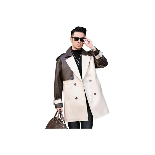 JIMU Leather Jackets Men Gong Beige+Ebony Brown