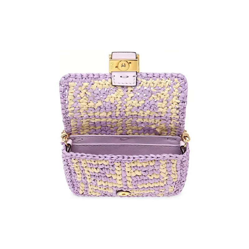 FENDI Baguette Straw Woven Chain Pendant Coin Purse, Crossbody Bag, Shoulder Bag Extra Mini Women's Light Purple-3