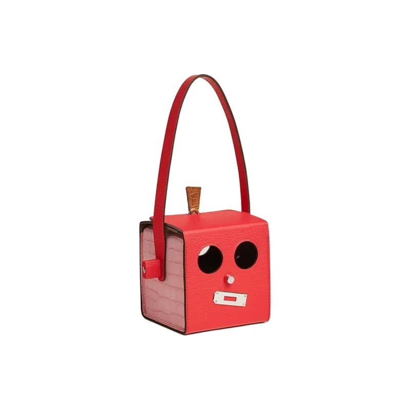 HERMES Bullock Leather With Goatskin And Crocodile Leather Square Bag Handbag Women's Red-1