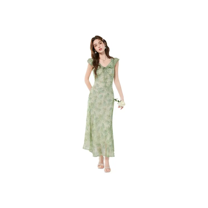 ERIRI Sleeveless Dresses Women's Green Floral-0