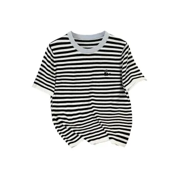 TOUCH T Shirts Women's Blue Collar Black White Stripes