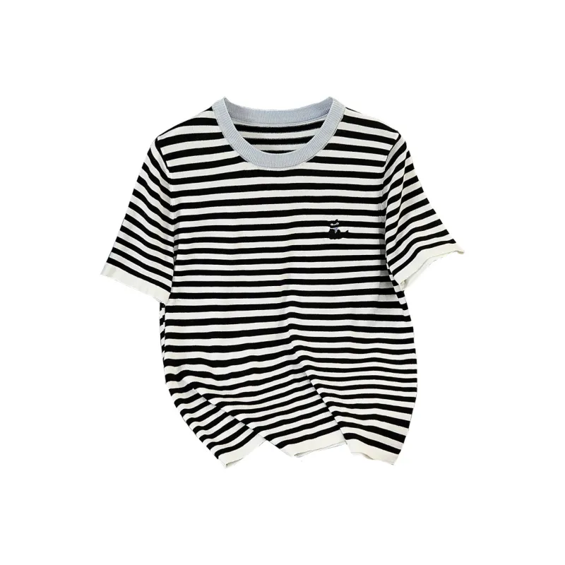 TOUCH T Shirts Women's Blue Collar Black White Stripes-0
