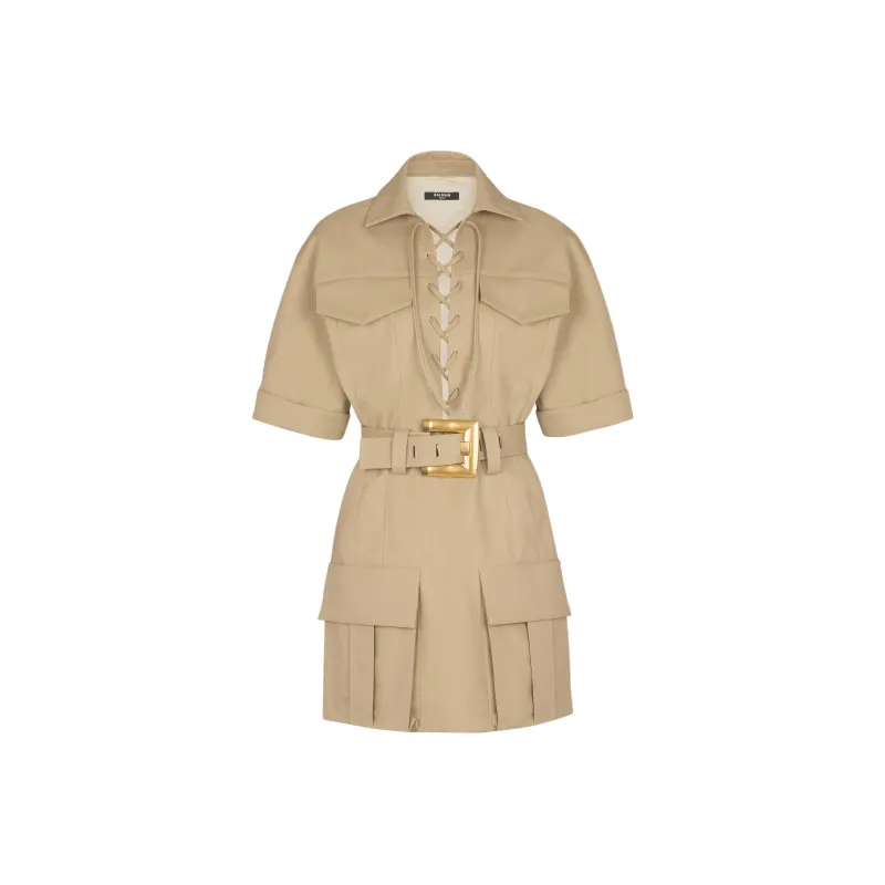 BALMAIN SS25 Short Sleeved Dress Women's Beige-0