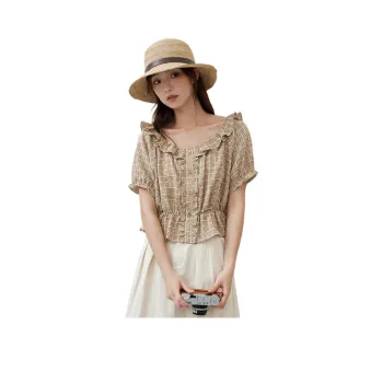 ZIHAN T Shirts Women's Beige Base Coffee Plaid
