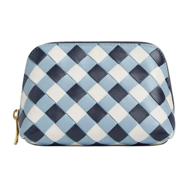 Bottega Veneta Sheepskin Makeup Bag Trumpets Women's Dark Blue & Ice Blue & White-0
