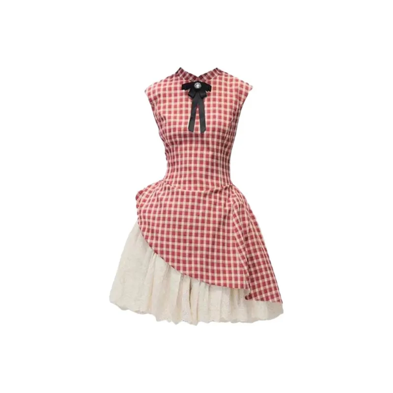 GOSO Sleeveless Dresses Women's Plaid Dress-0
