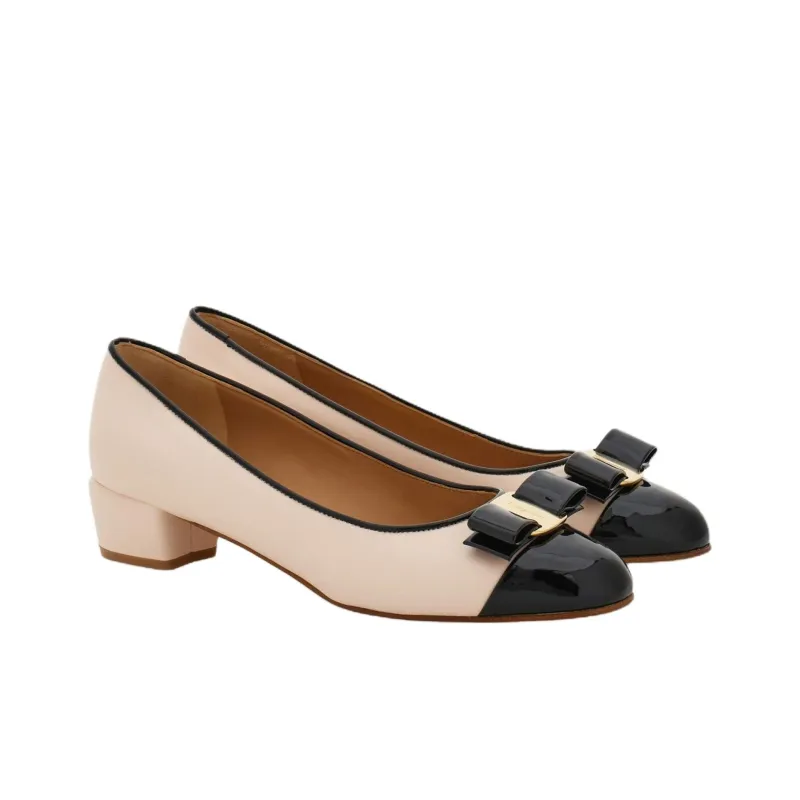 FERRAGAMO Vara Block Heel High Heels 3cm Women's Beige-2