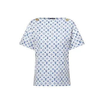 LOUIS VUITTON Cotton Mesh Letter Pattern Print Knitted Fabric Short Sleeved T Shirt Women's White